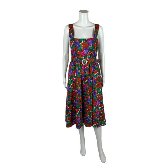 Vintage 80s Tropical Dress Women's Small Hibiscus Flower Print Belted Sundress